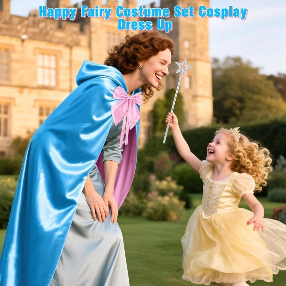 Fairy Godmother Costume Set Fairy Accessories Blue Hooded Cape Bow Tie Star Wand - Picture 6 of 6